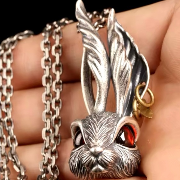 Punk Rock Rabbit- Bunny Hare Red Garnet Eyes Pierced Ears Animal Silver Necklace - Picture 12 of 16